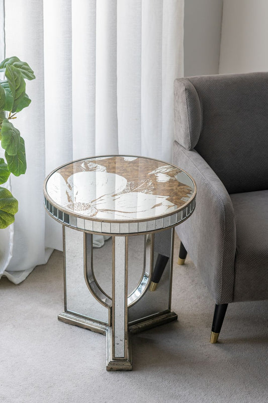 Round Table With Elegant Foral Design And Mirrored