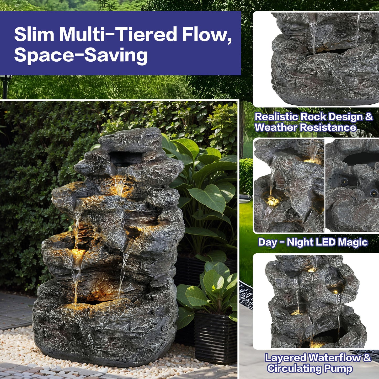 Concrete Rock Waterfall Fountain With LED Lights, Outdoor Garden Decor