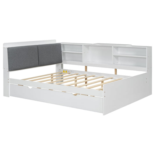 Platform Bed With Trundle, Shelves, And Storage Headboard