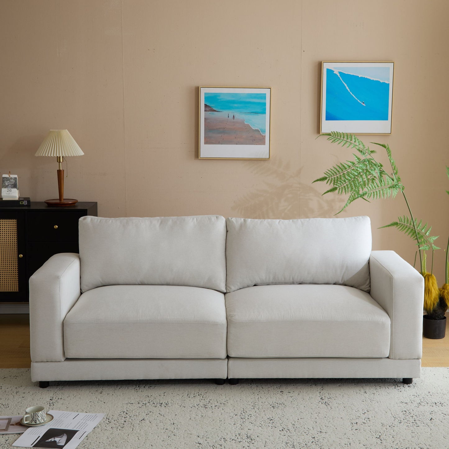 Modern Square Arm Sofa With Soft Fabric Upholstery, Deep Cushions