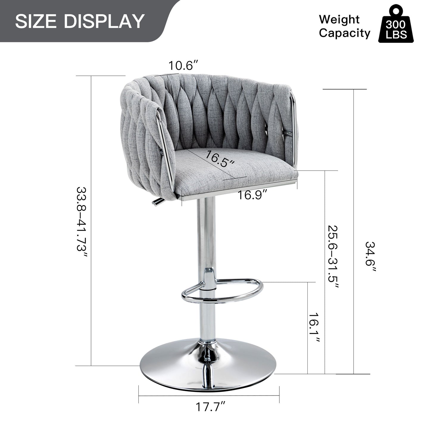 360 Degree Swivel Bar Stools Adjustable Counter Height Bar Chairs With Woven Back & Footrest, Silver Chromed Bar Stools For Kitchen Island (Set of 2) - Gray