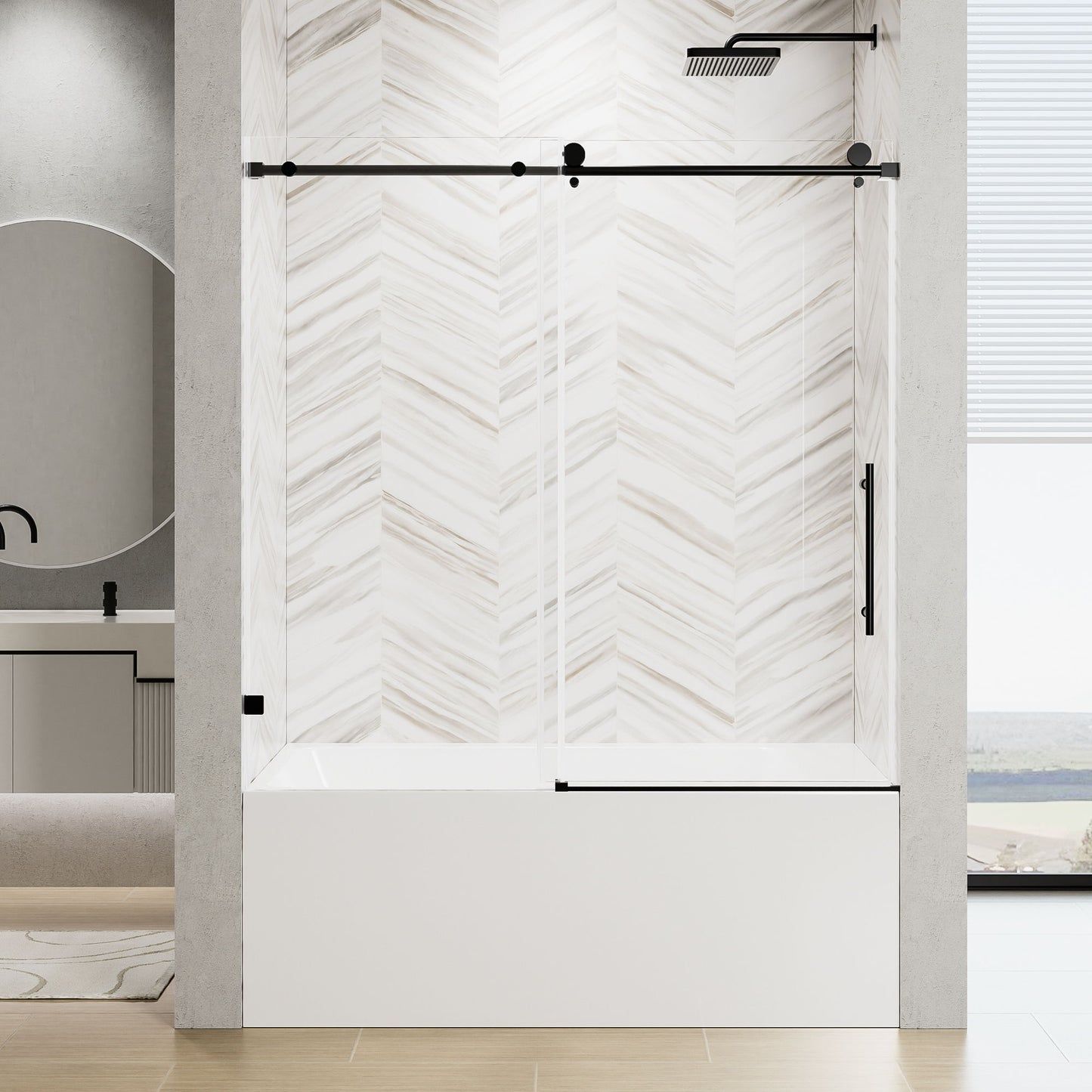 Frameless Single Sliding Shower Door With Soft Close, 5 / 16" Clear Nano Coated Tempered Glass, 60" X 60" - Matte Black