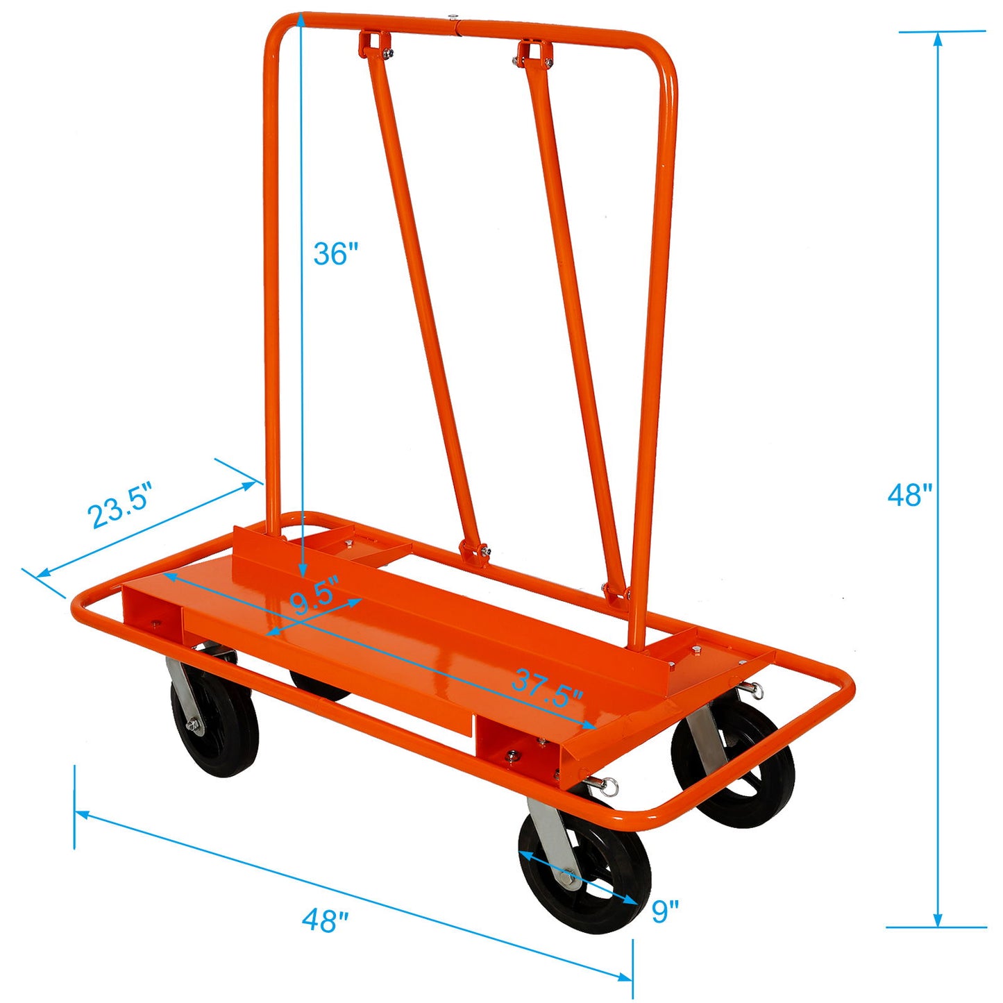 Heavy Duty Drywall Sheet Cart & Panel Dolly With 2400Lbs Capacity, Mold On Rubber Wheels, Steel Construction - Orange