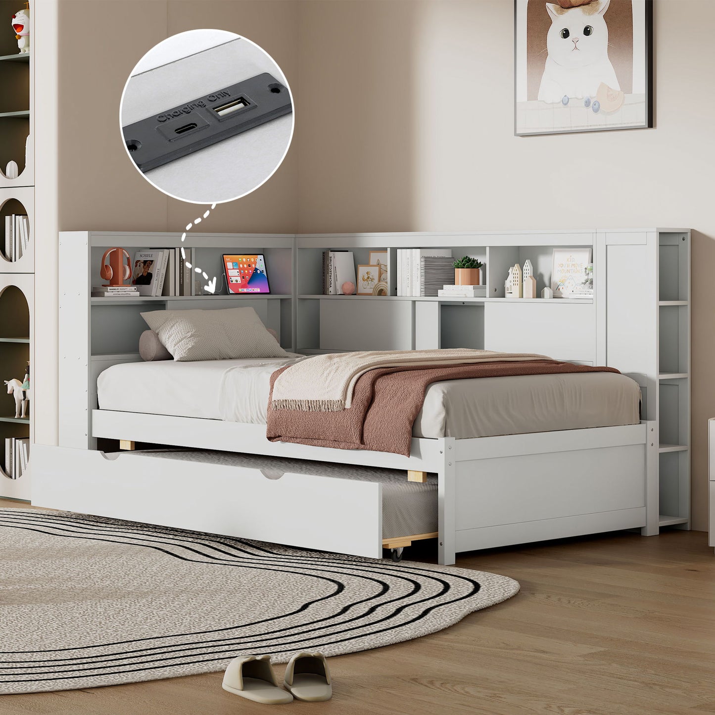 Daybed With Storage Shelves, USB Charging, And Trundle Bed