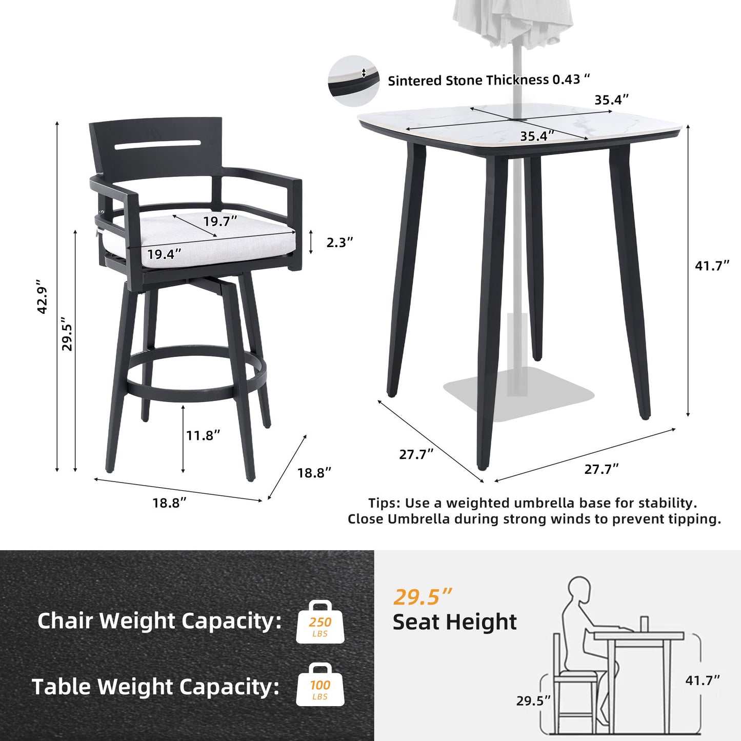 5 Pieces Outdoor Patio Bar Set, Rounded Square Sintered Stone Table & 4 Swivel Bar Chairs