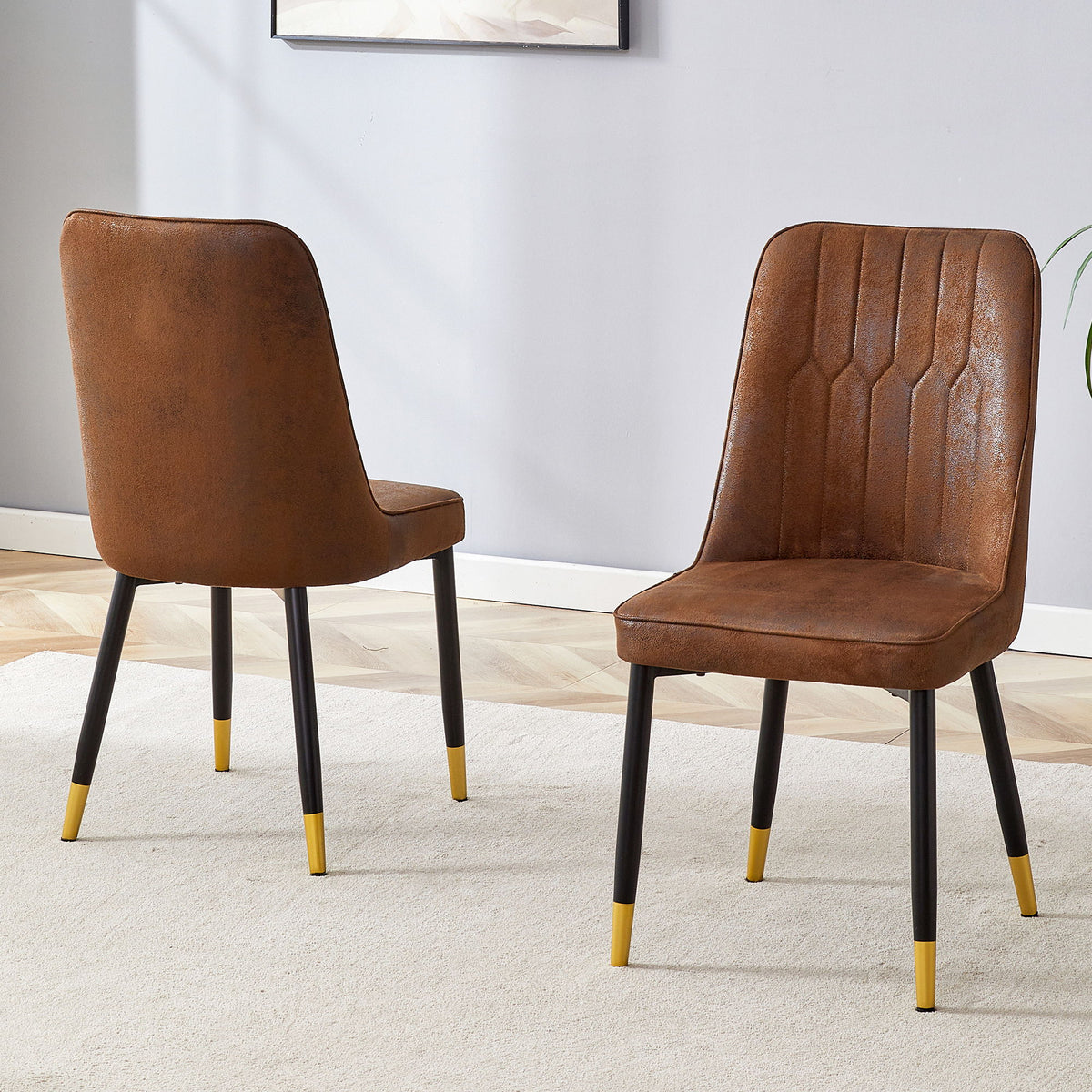Modern Brown Suede Like Velvet Dining Chair (Set of 2) - Black / Gold