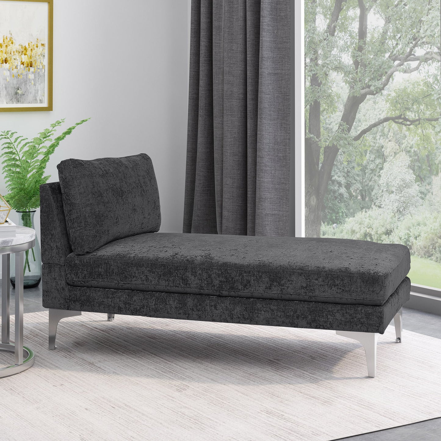 Fabric Upholstered Chaise Lounge With Iron Bracket Legs - Gray