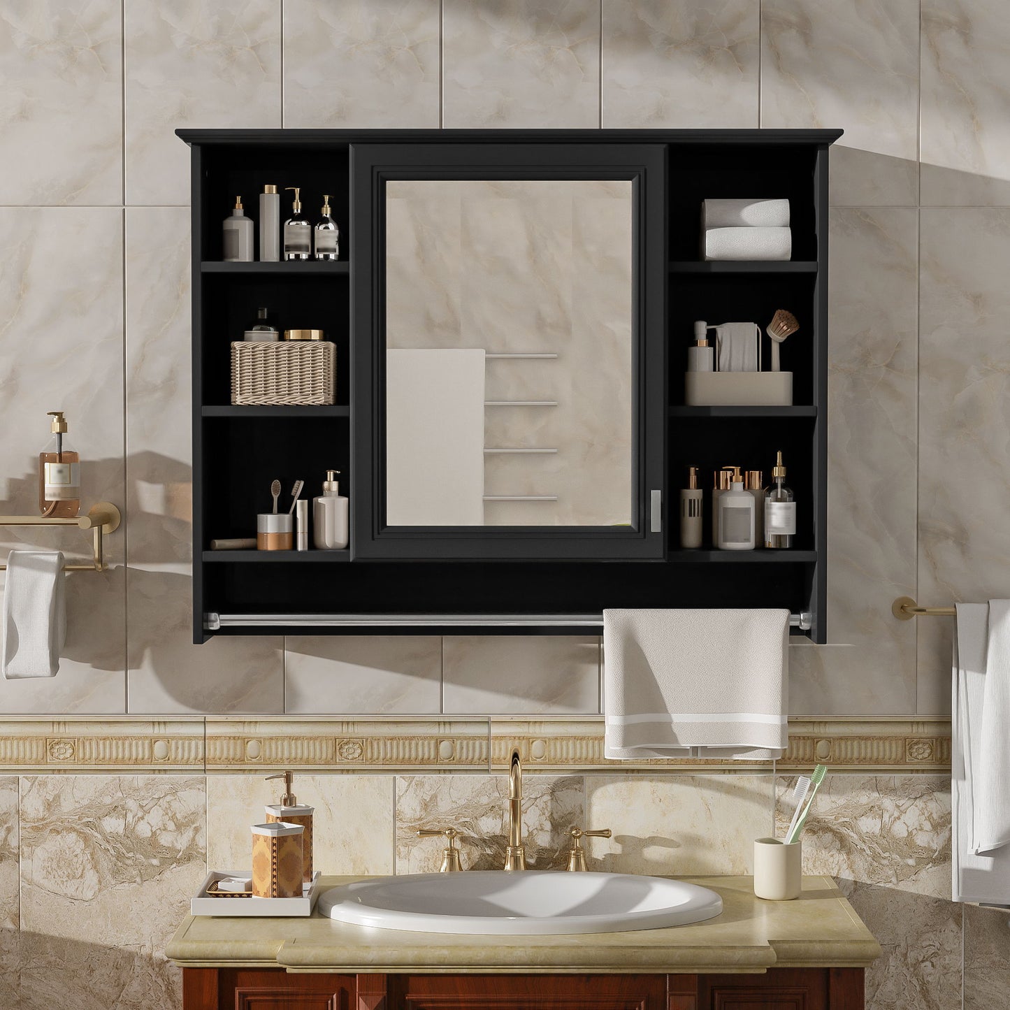 Modern Wall Mounted Mirror Cabinet With Adjustable Shelf, Soft Close Door, And Towel Bar