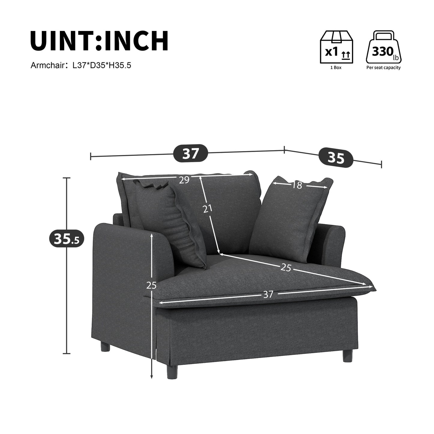 Oversized Single Seat Sofa Module For Modular Sectional Wide Seat, Armchair With Pillows Modern Upholstered Comfy Single Couch Lounge