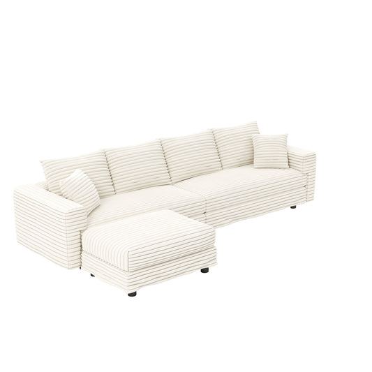 Plush Corduroy 4 Seat Sofa With Soft Pillows And Movable Ottoman