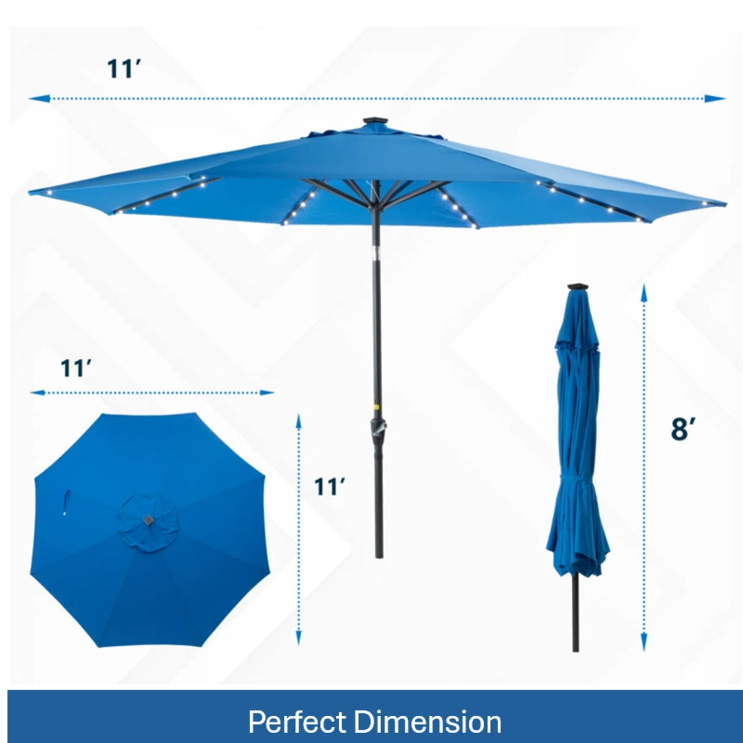 Solar LED Patio Umbrella With Crank Lift And Tilt, 8 Ribs, UV Resistant Canopy For Pool, Backyard & Patio (Without Base) - Blue