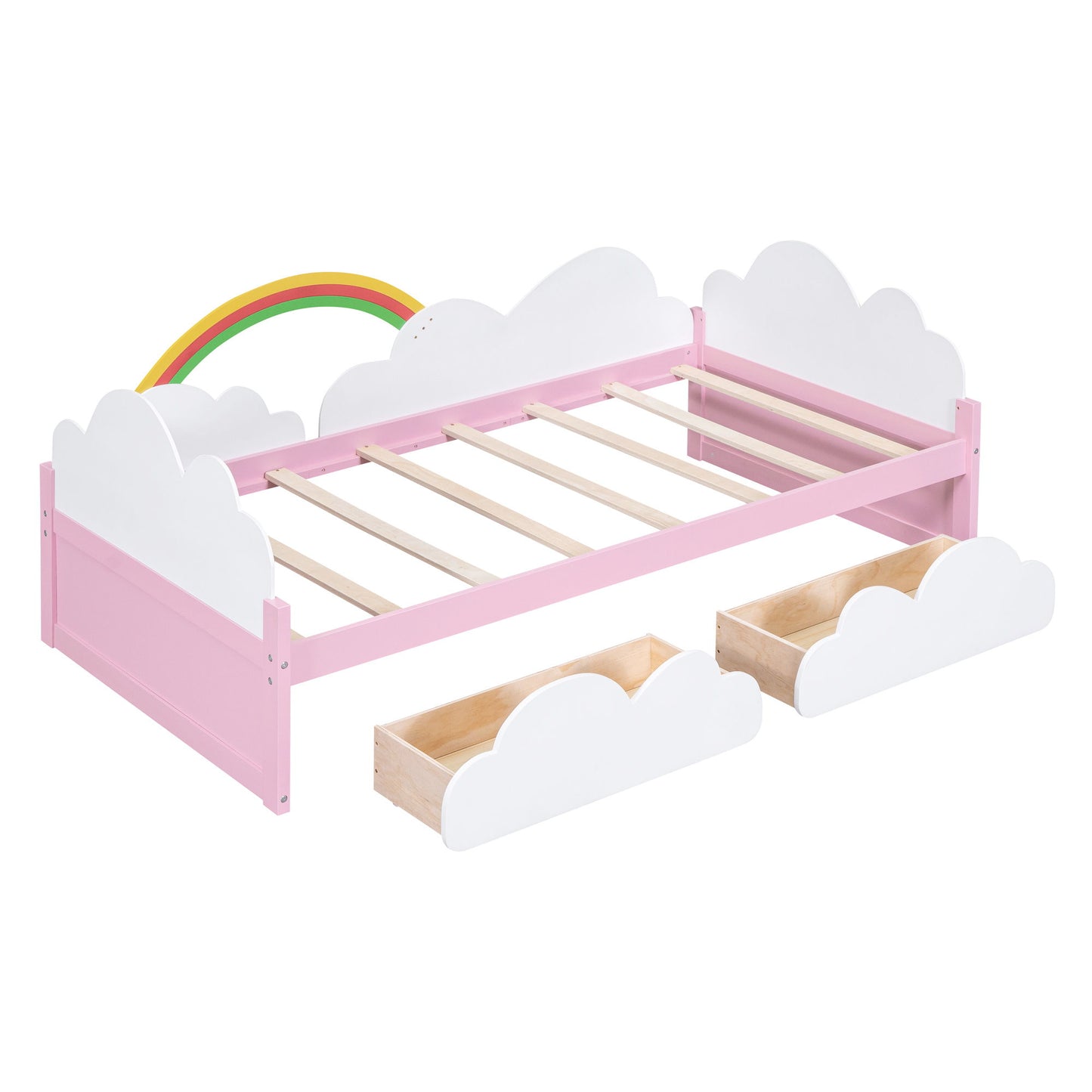 Twin Size Bed With Clouds And Rainbow Decor - Pink / White