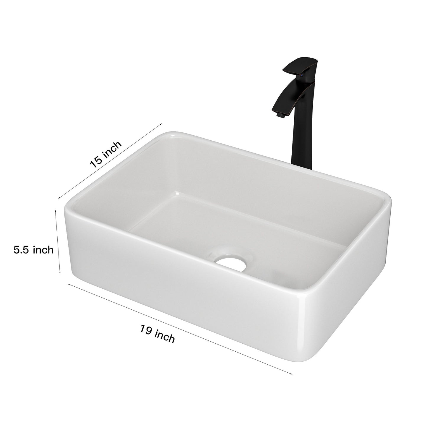 Above Porcelain Vessel Vanity Sink And Faucet Combo, 19" X 15" - White