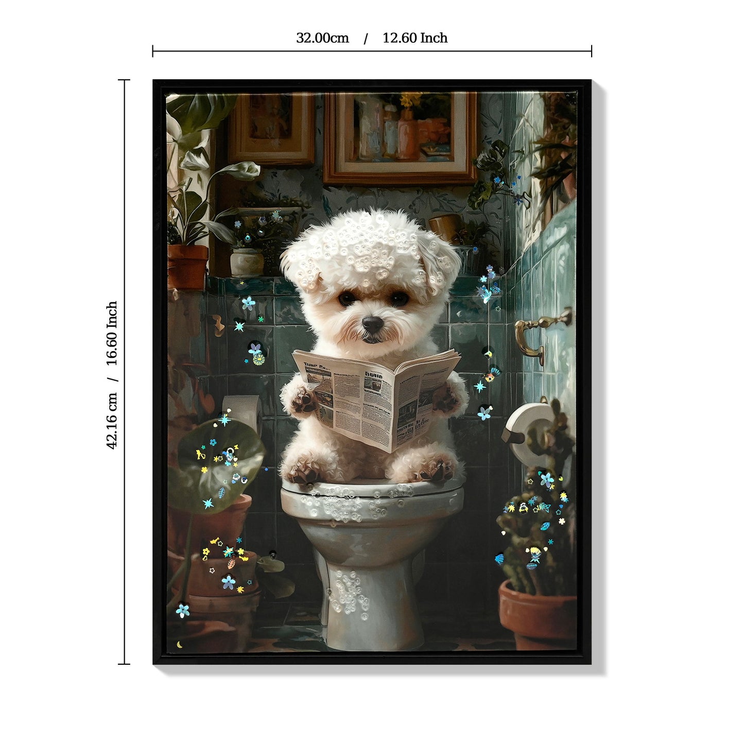 Framed Bathroom Decor, Cute Puppy Wall Art In Picture Frame, 3D Canvas Print - Indigo / White