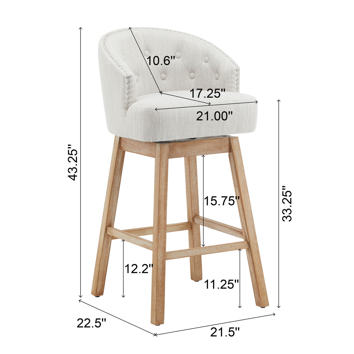 Swivel Counter Stools (Set of 2), Upholstered Counter Height Bar Stools With Solid Rubber Wood Frame, Backrest, Footrest, Armless Barstools For Home Bar, Kitchen Counter - Natural / Beige