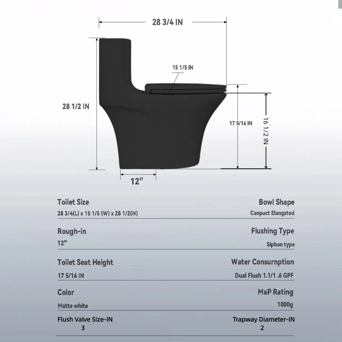1 Piece Toilet With Dual Flush And Soft Closing Seat - Matte Black