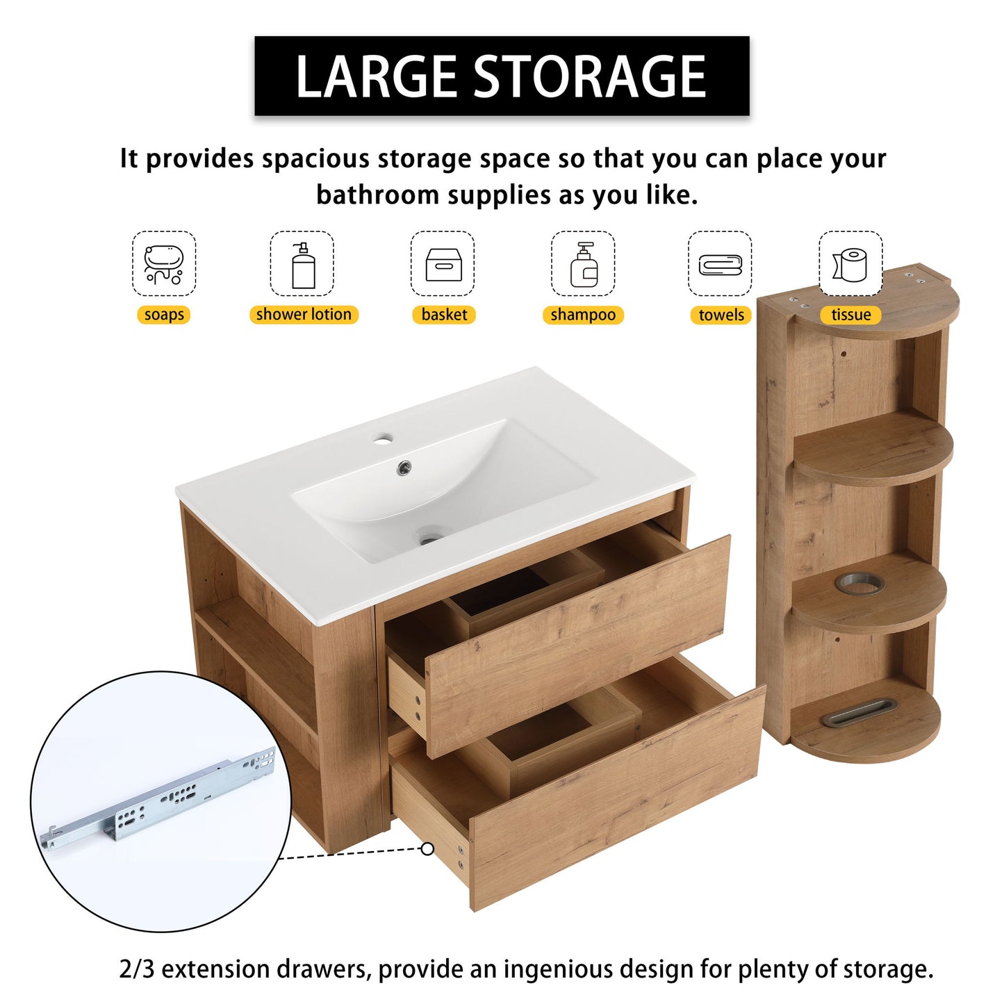 Modern Wall Mounted Bathroom Vanity With Ceramic Sink And Storage Rack, 2 Soft Close Drawers