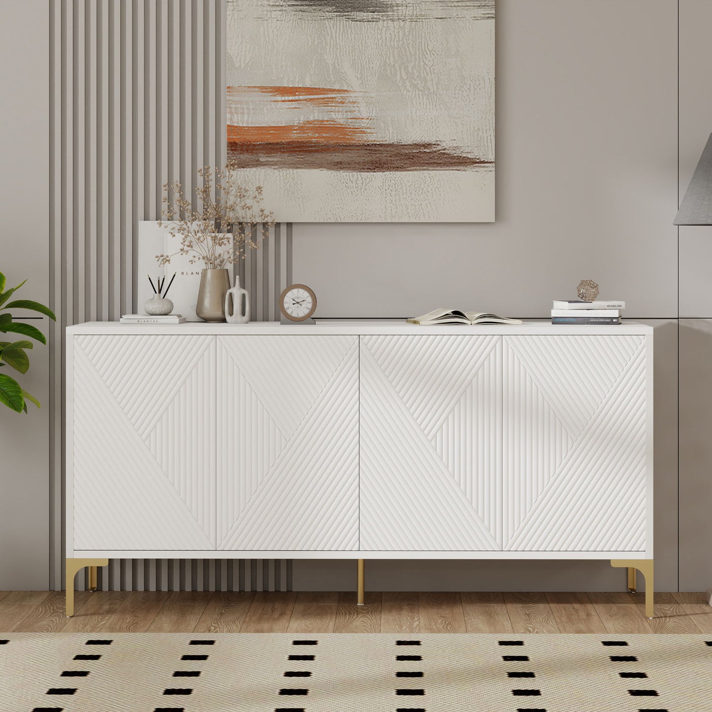 Modern Wood Sideboard Cabinet With Carved Door Panels, Adjustable Shelves, And Sturdy Metal Legs