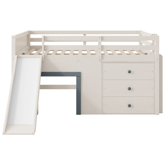 Modern Low Loft Bed With Slide, 3 Storage Drawers, And 2 Doors