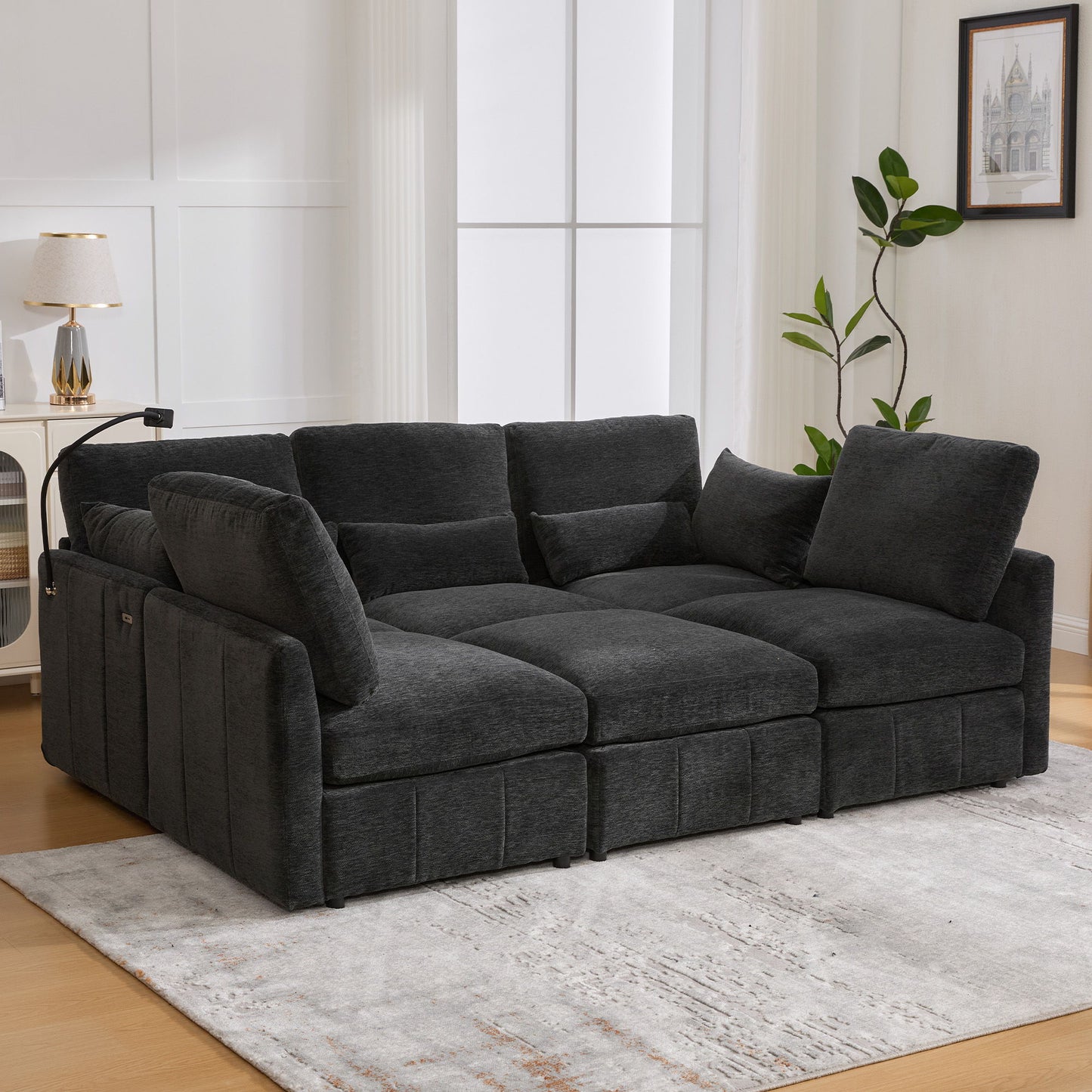 Modern Modular U-Shaped Sofa Bed With Movable Ottoman, USB Ports, Phone Holder