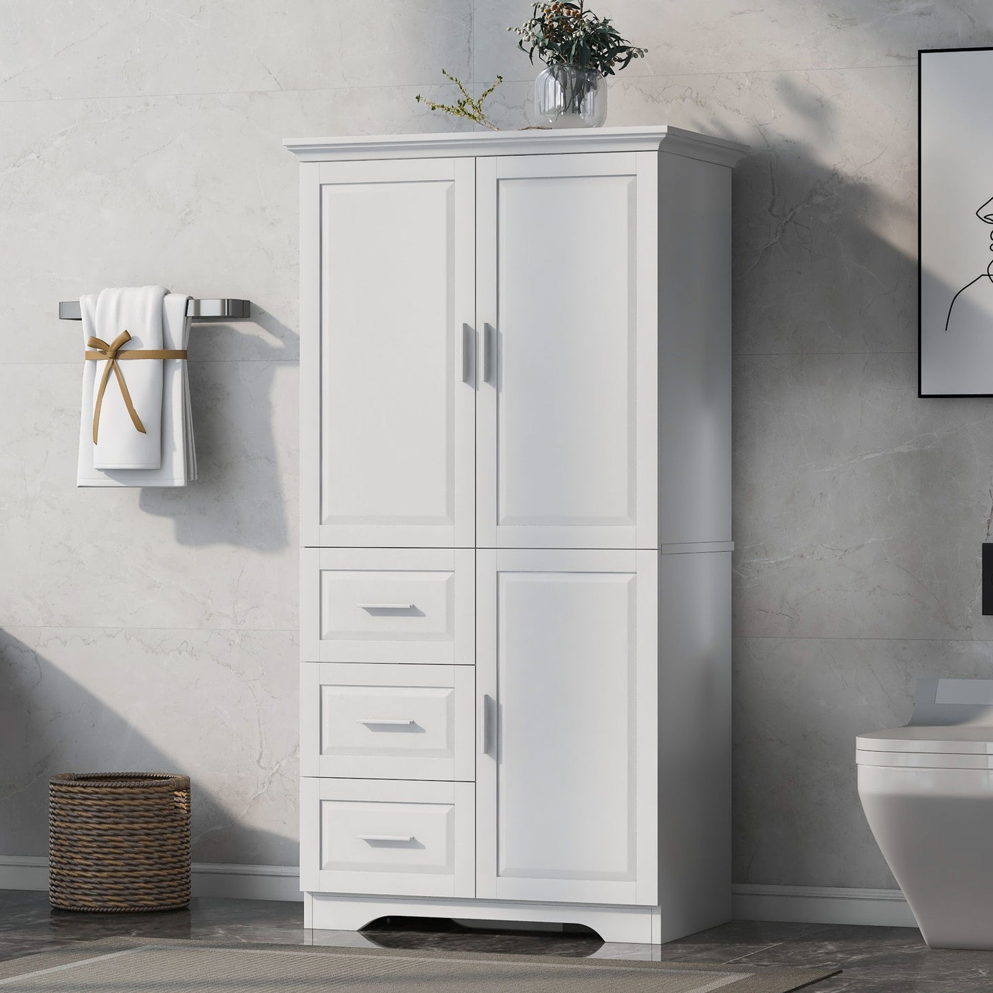 Tall And Wide Storage Cabinet With Doors, 3 Drawers