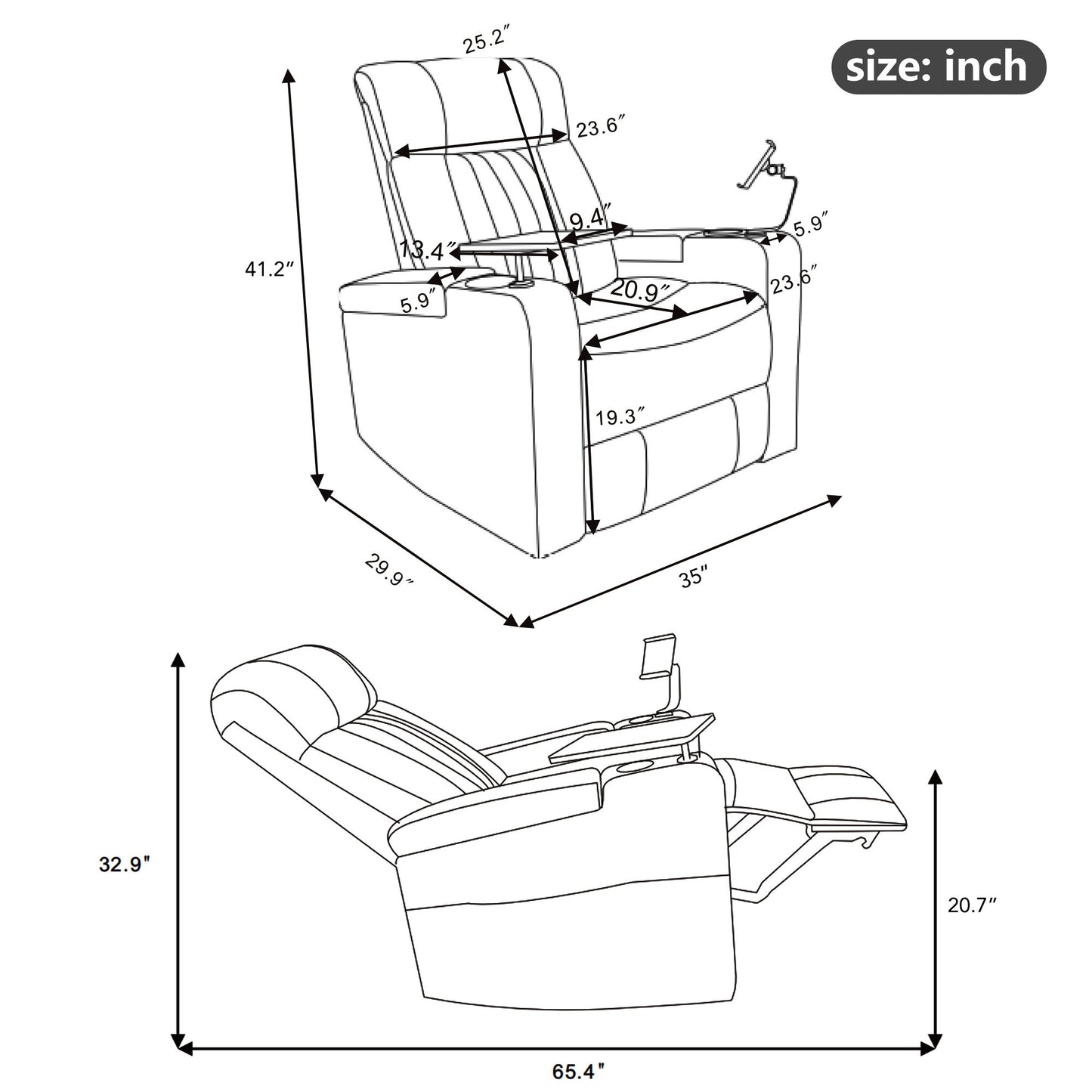 Power Recliner & Storage Arms, Cupholders, Swivel Tray Table And Cell Phone Stand
