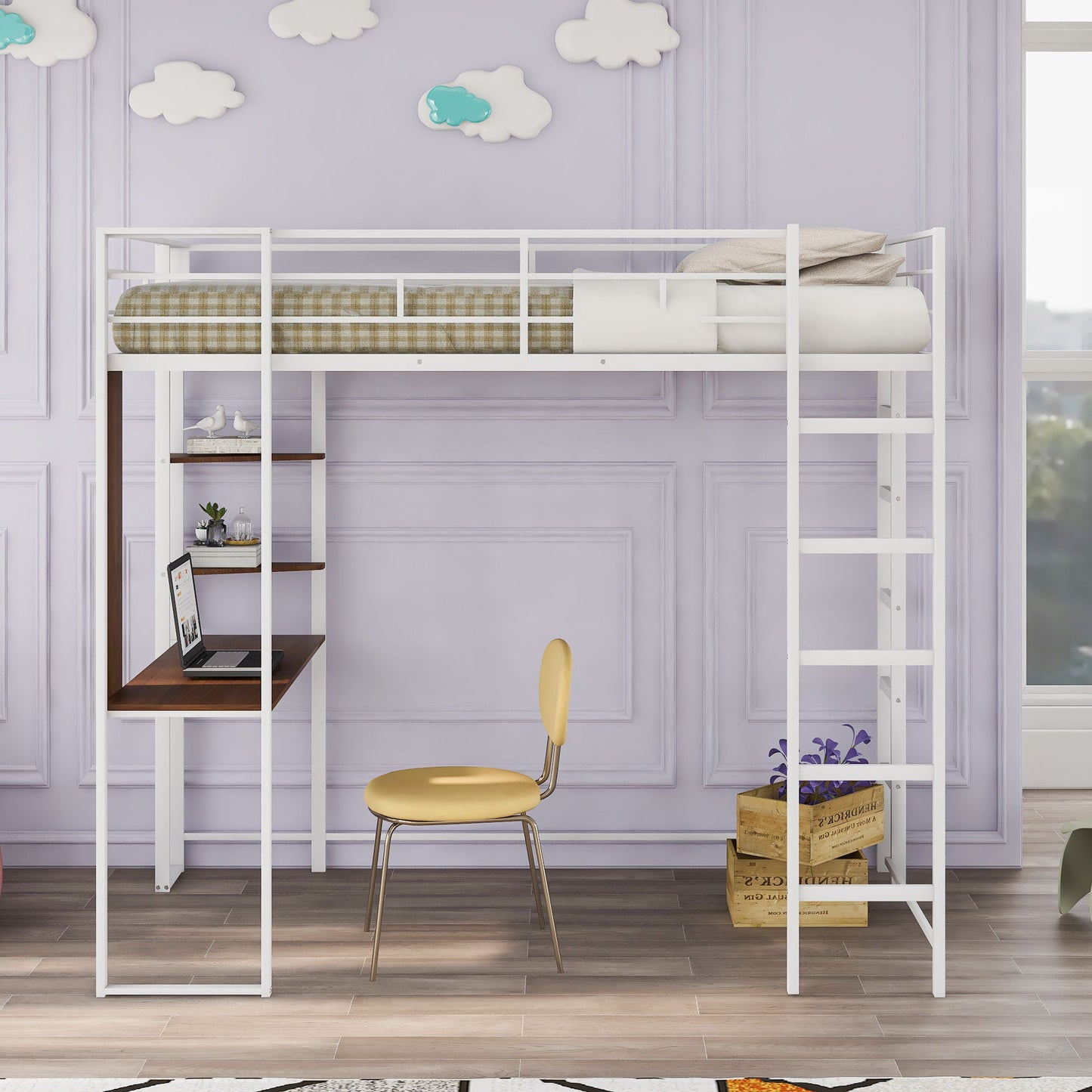 Hearth & Haven - Twin Metal Loft Bed With 2 Shelves And One Desk - White