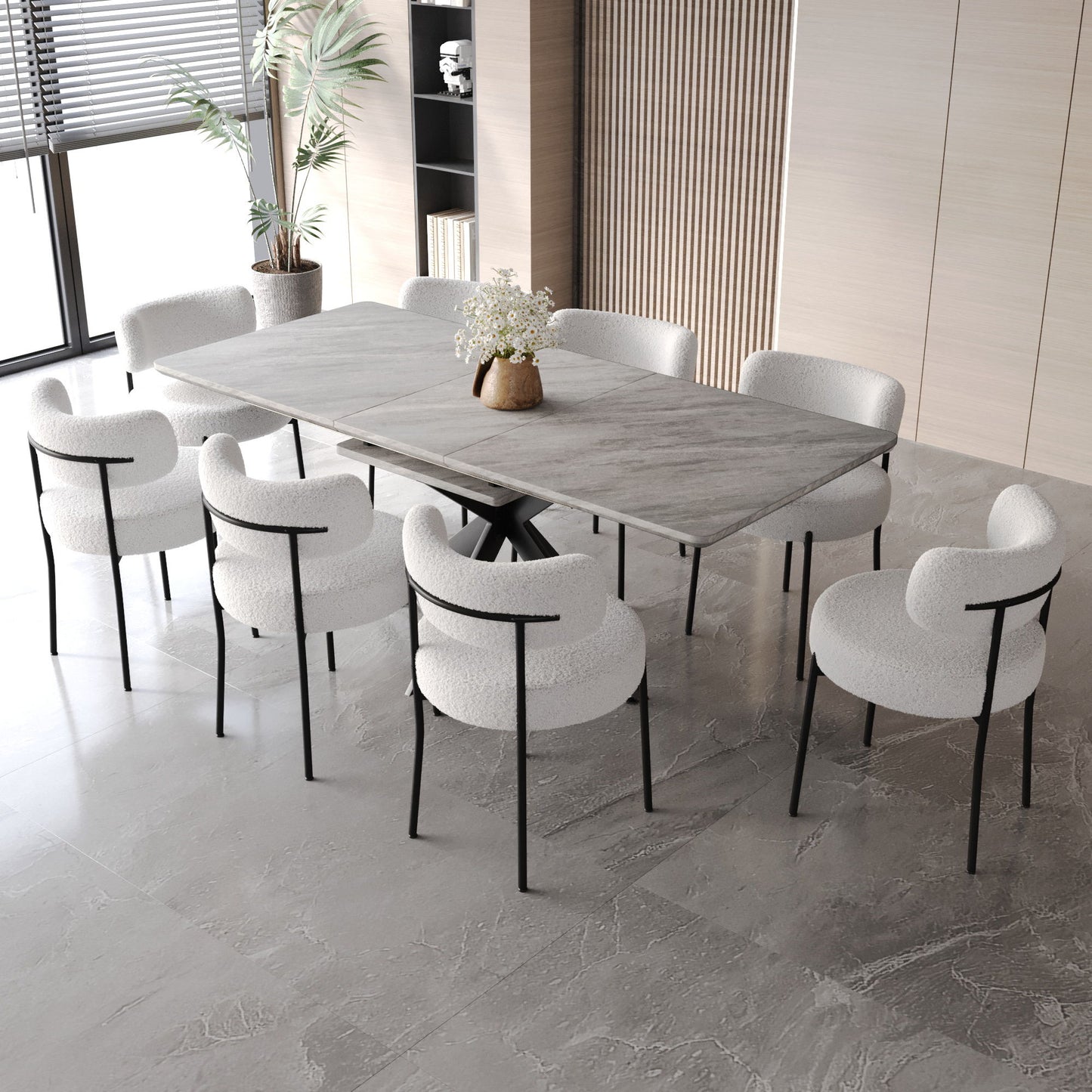 Extendable Dining Table Set With Curved Backrest Upholstered Chairs