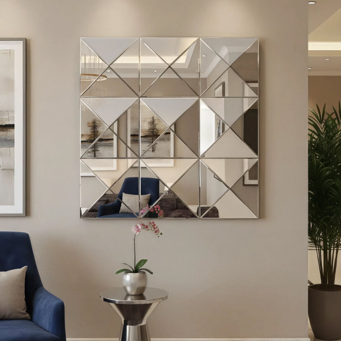 3D Beveled Wall Mirror With Frame, Large Square Design For Living Room - Silver