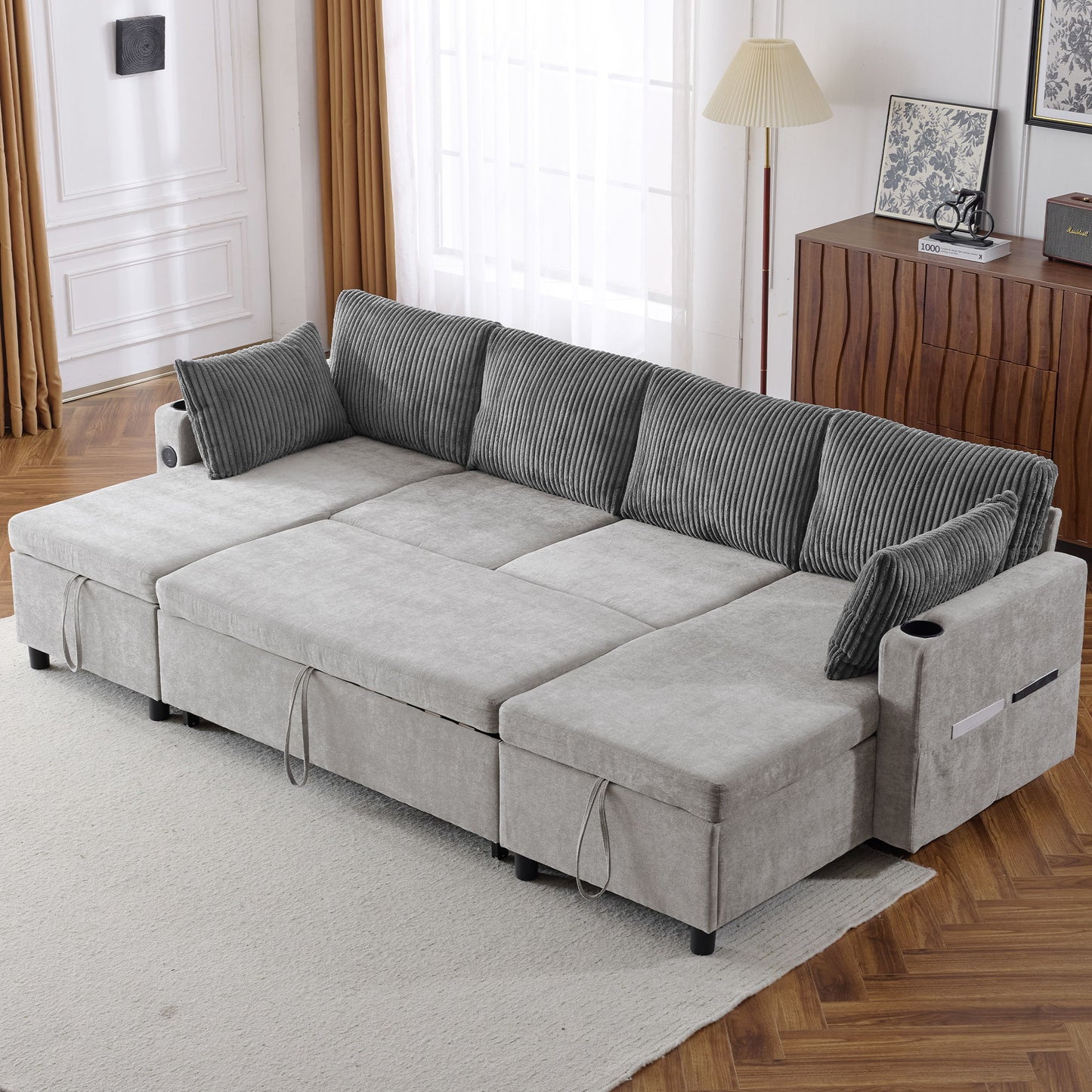 Sectional Sofa Bed With Pull Out Sleeper, USB Ports, Cup Holders