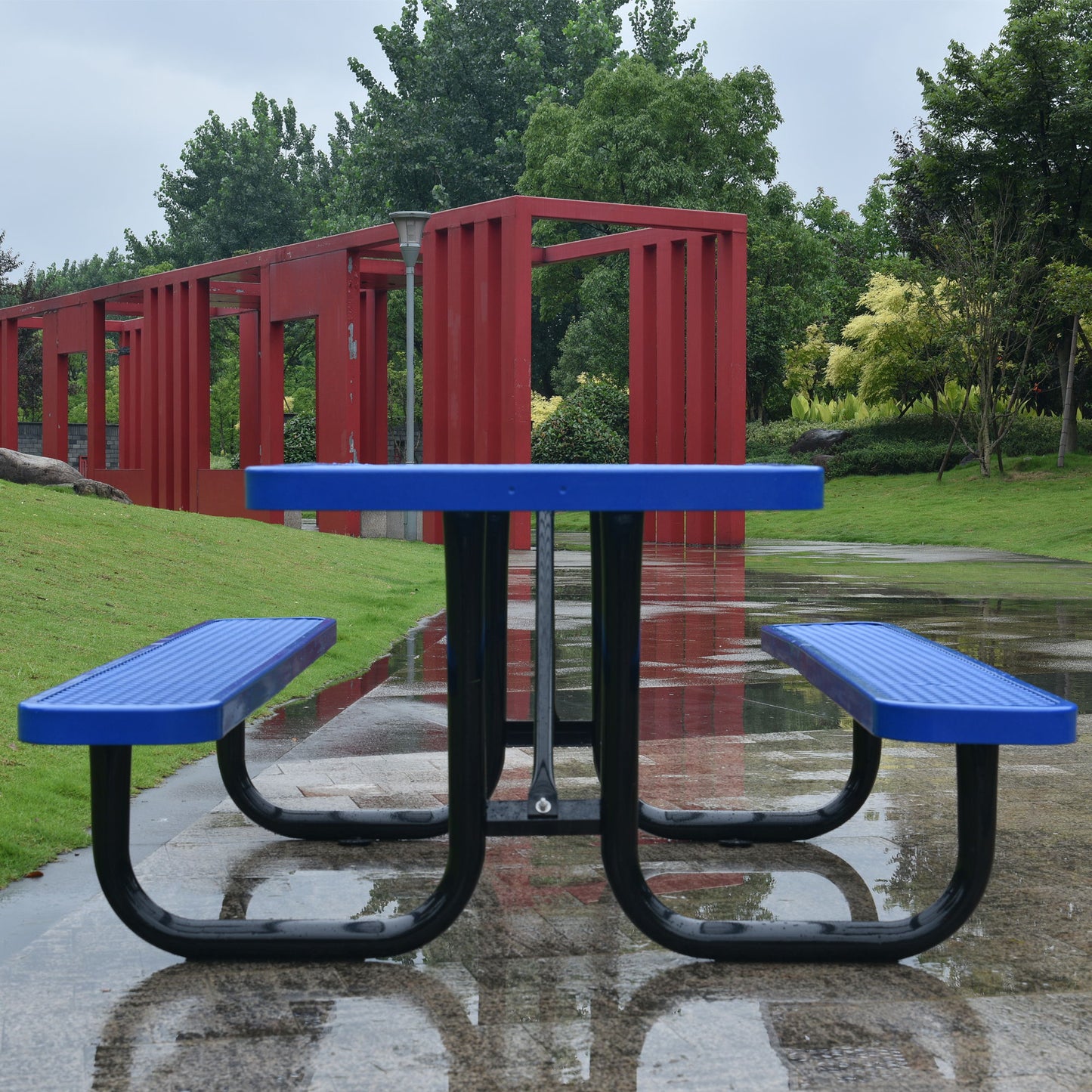 Square Outdoor Steel Picnic Table, With Umbrella Pole