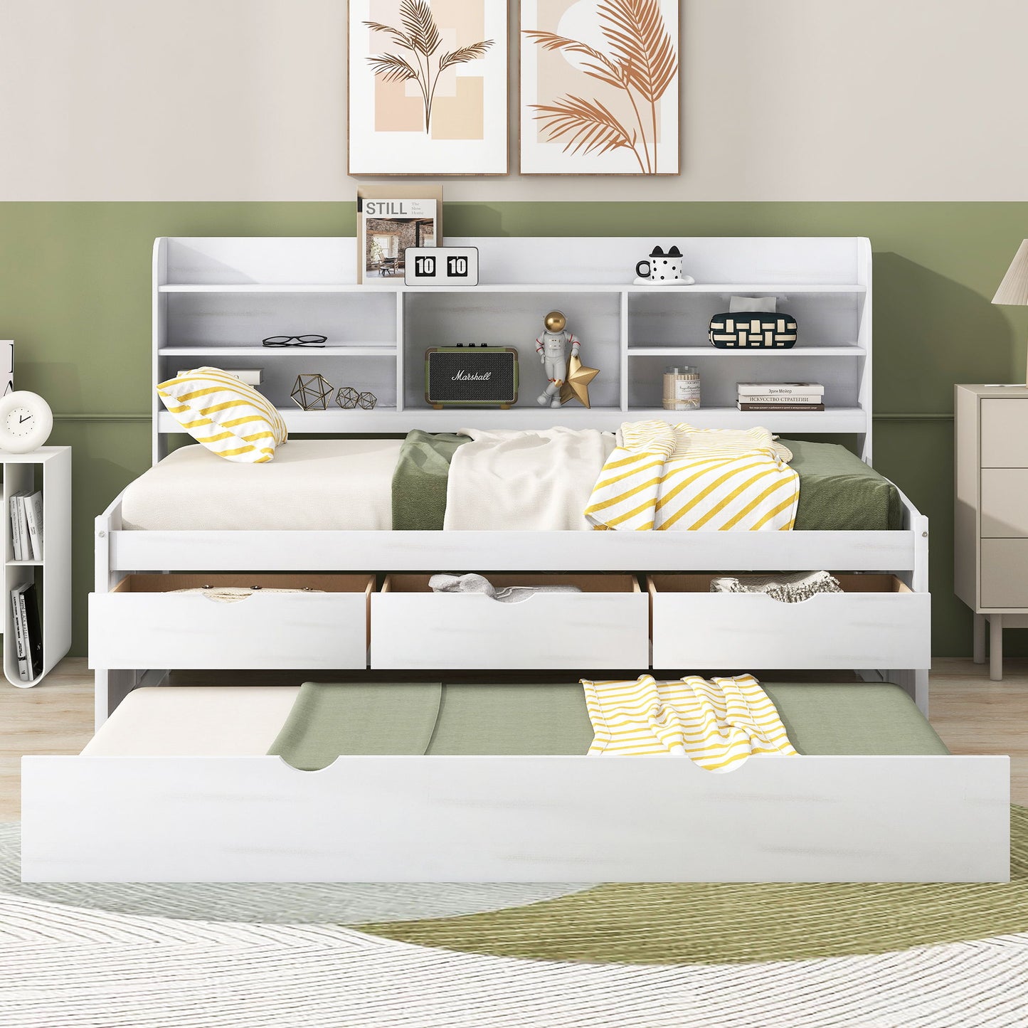 Captain Bed With Built In Bookshelves, 3 Storage Drawers, And Trundle