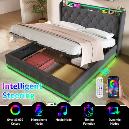 Upholstered Bed, 360 Surround LED Function, Remote Control, Hydraulic Storage Bed With USB, Type-C Charging (Without Mattress)