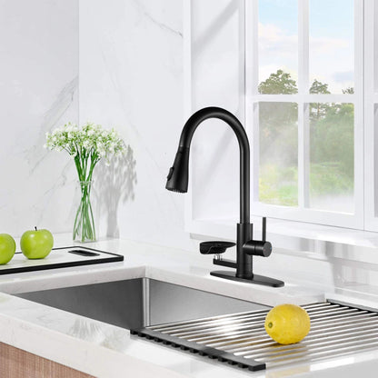3 In 1 Kitchen Faucet With LED Temperature Display, Press Type Glass Rinser, Pull Down Sprayer, 3 Spray Modes - Matte Black