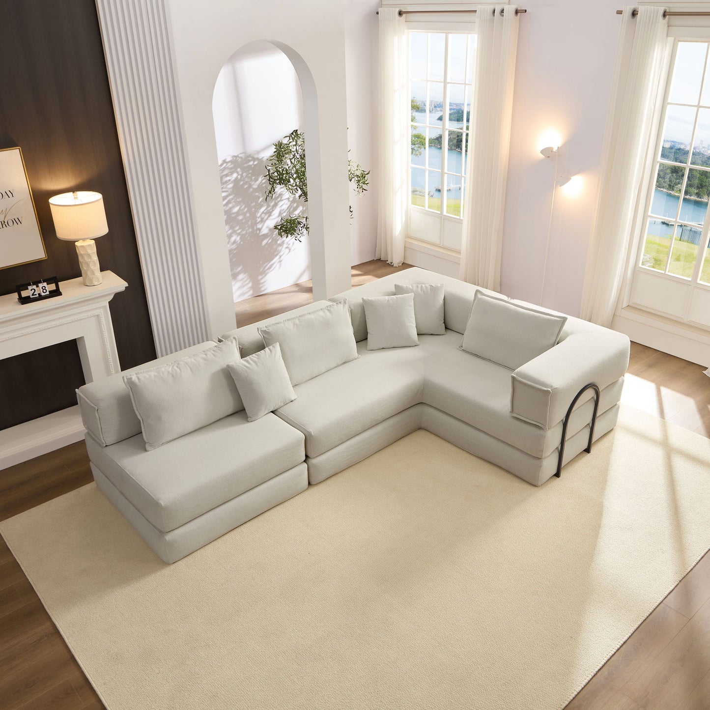 Modular L Shaped Floor Living Room Sofa Set With 6 Pillows