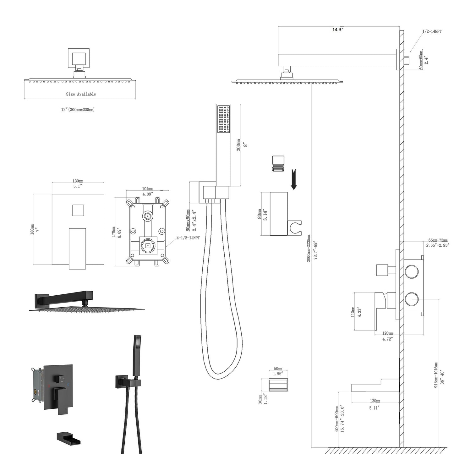 Wall Mounted Square Shower System With Waterfall Tub Spout, 12" Rainfall Shower Head And Handheld Shower - Matte Black