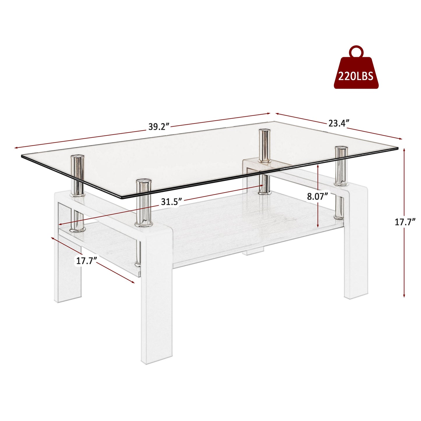 Modern Rectangular Coffee Table With Tempered Transparent Glass Top And Storage Shelf