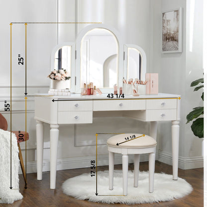 Mirrored Makeup Vanity Table Set With Adjustable Lighting And Storage