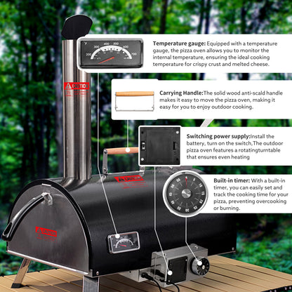 Pizza Oven Outdoor 12" Automatic Rotatable Pizza Ovens Portable Stainless Steel Wood Fired Pizza Oven Pizza Maker With Built-In Thermometer Pizza Cutter Carry Bag