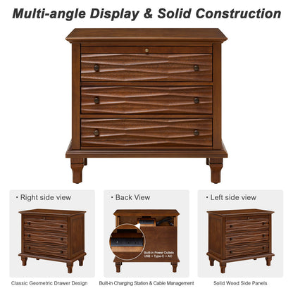 Nightstand With Charging Station, Bedside Table, 3 Drawers, USB And Type - C Ports