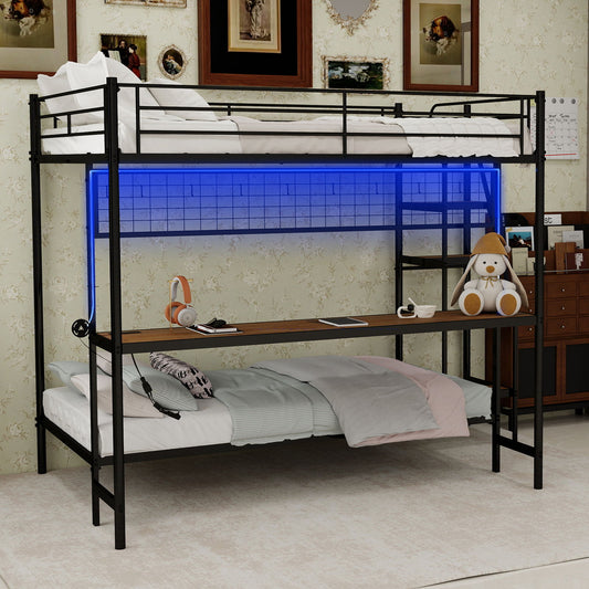Full Over Twin Bunk Bed With Built In Desk And LED Lighting - Antique Black