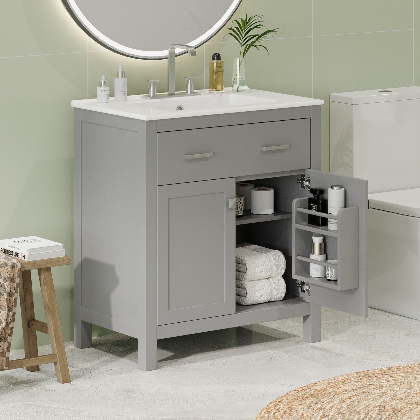 Bathroom Vanity With Ceramic Sink, Modern Single Bathroom Cabinet With 2 Doors And A Shelf, Soft Close Doors