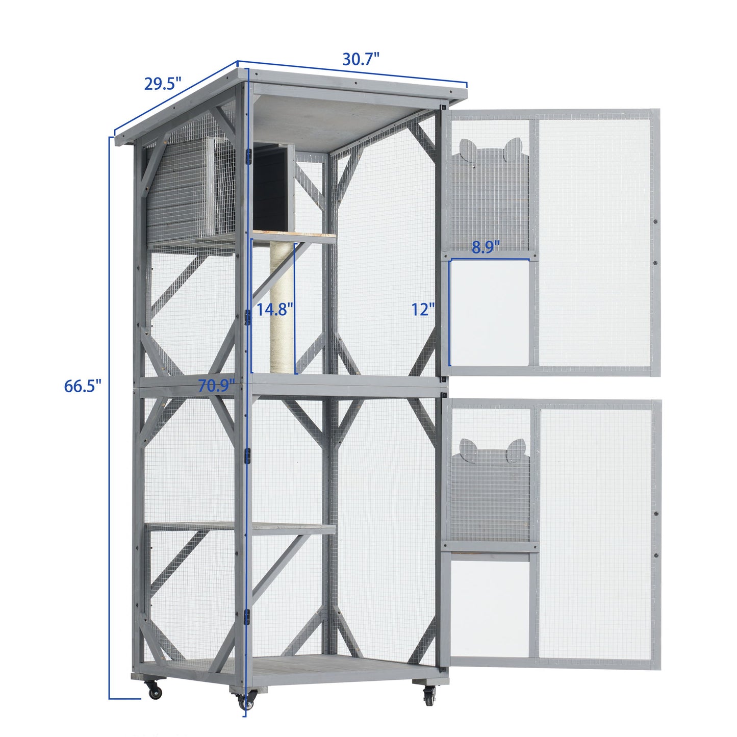 Large Cat House Outdoor Catio Cat Enclosures On Wheels, Kitty House With Upgraded Resting Box Waterproof Roof - Gray