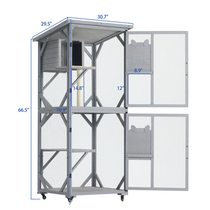 Large Cat House Outdoor Catio Cat Enclosures On Wheels, Kitty House With Upgraded Resting Box Waterproof Roof - Gray