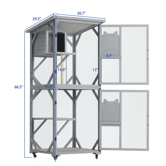 Large Cat House Outdoor Catio Cat Enclosures On Wheels, Kitty House With Upgraded Resting Box Waterproof Roof - Gray