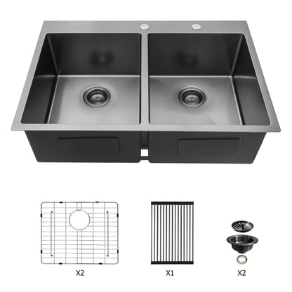 Double Bowl Drop In Kitchen Sink 33" X 22" With 16 Gauge Stainless Steel And 2 10" Deep Basins - Gunmetal Black
