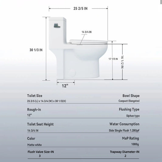 Gloss Tornado Flush 1 Piece Elongated Toilet With Siphonic Side Press, ADA Comfort Chair Height - Gloss White