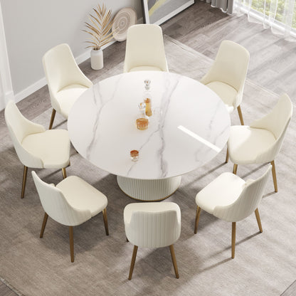 Modern Artificial Stone Round Plywood Base Dining Table, Can Accommodate 8 People, (Not Including Chairs) - White / Beige