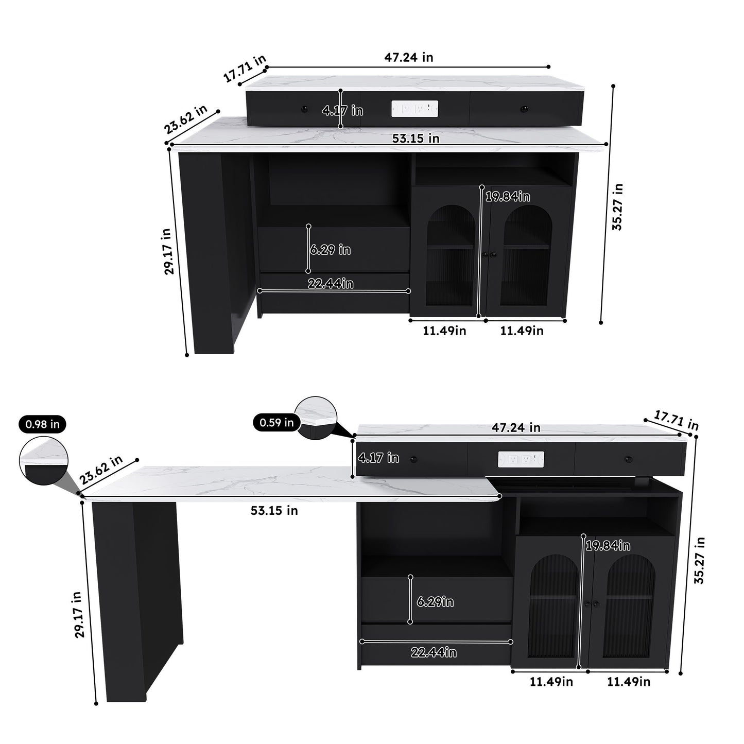 Kitchen Island With Extendable Rotating Table, 4 Drawers & Glass Door Cabinets, Built In Socket - Black