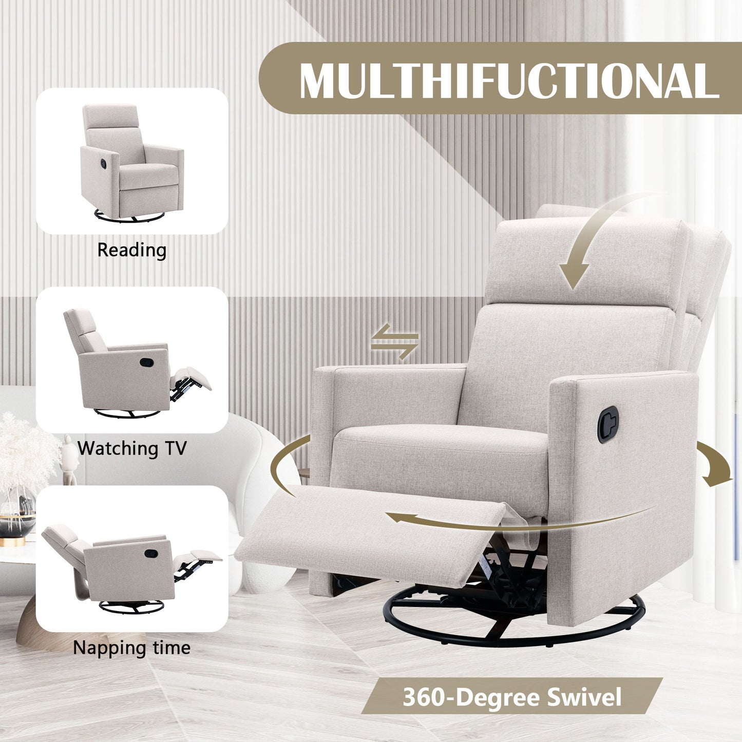 Modern Upholstered Rocker Nursery Chair Plush Seating Glider Swivel Recliner Chair